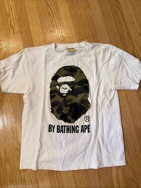 A BATHING APE White T-Shirt with Green Camo Ape Logo - M